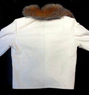 Kashani Men's White LambSkin Red Fox Collar Biker Jacket - Dudes Boutique