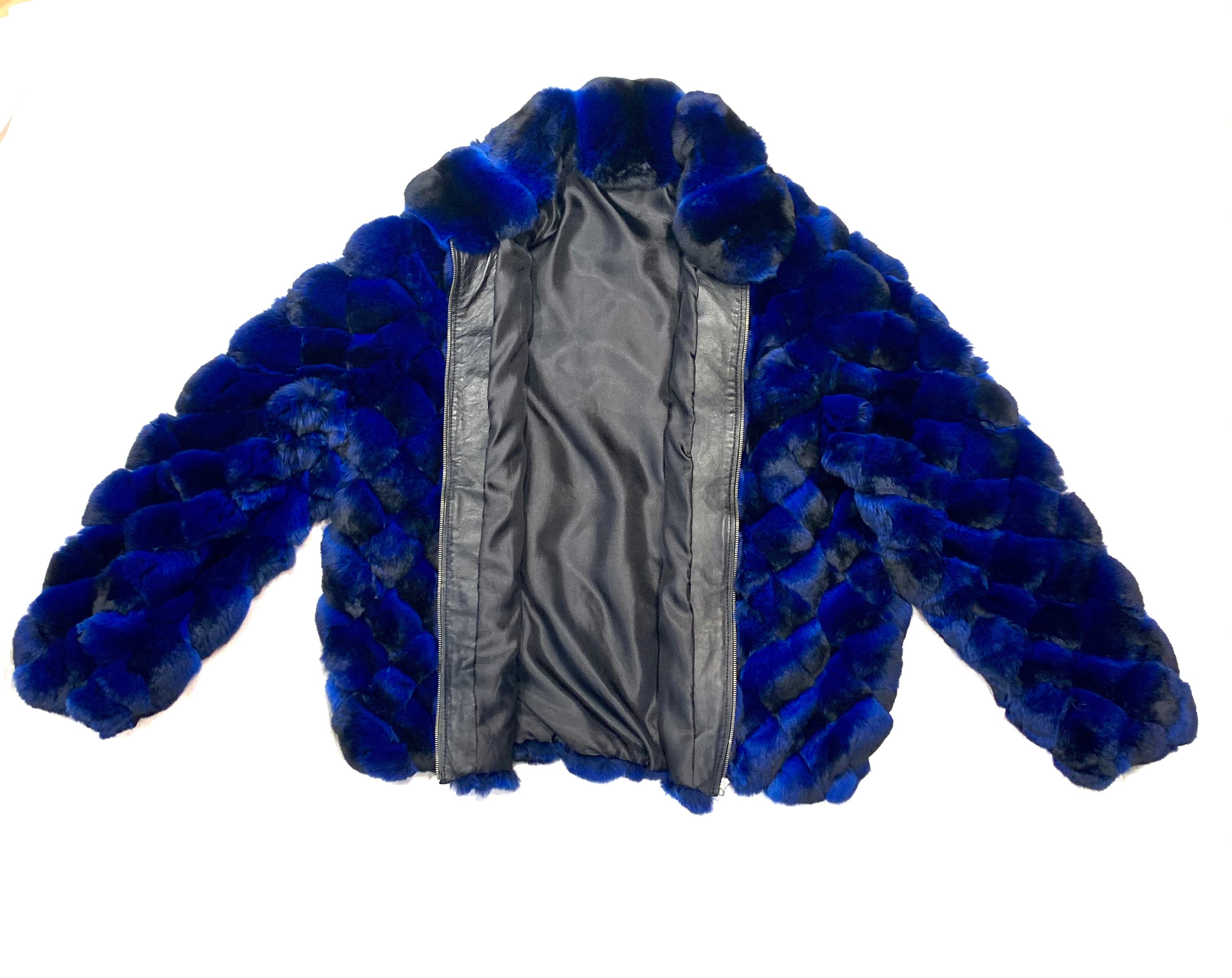 Kashani Men's Blue Black Diamond Cut Full Chinchilla Coat - Dudes Boutique