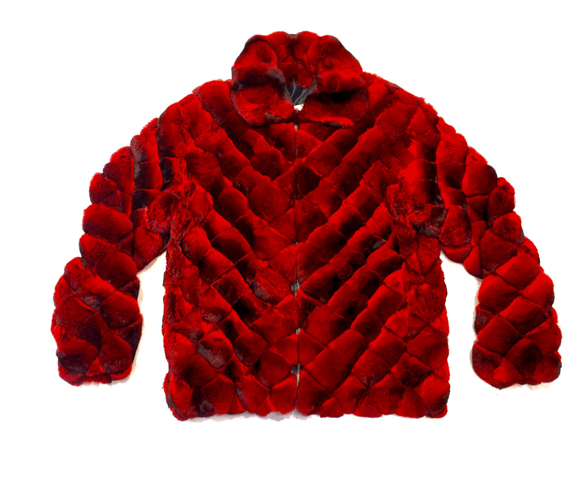 Kashani Men's Red Black Diamond Cut Full Chinchilla Coat - Dudes Boutique