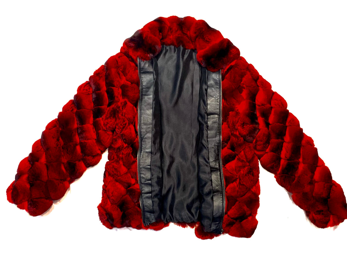 Kashani Men's Red Black Diamond Cut Full Chinchilla Coat - Dudes Boutique