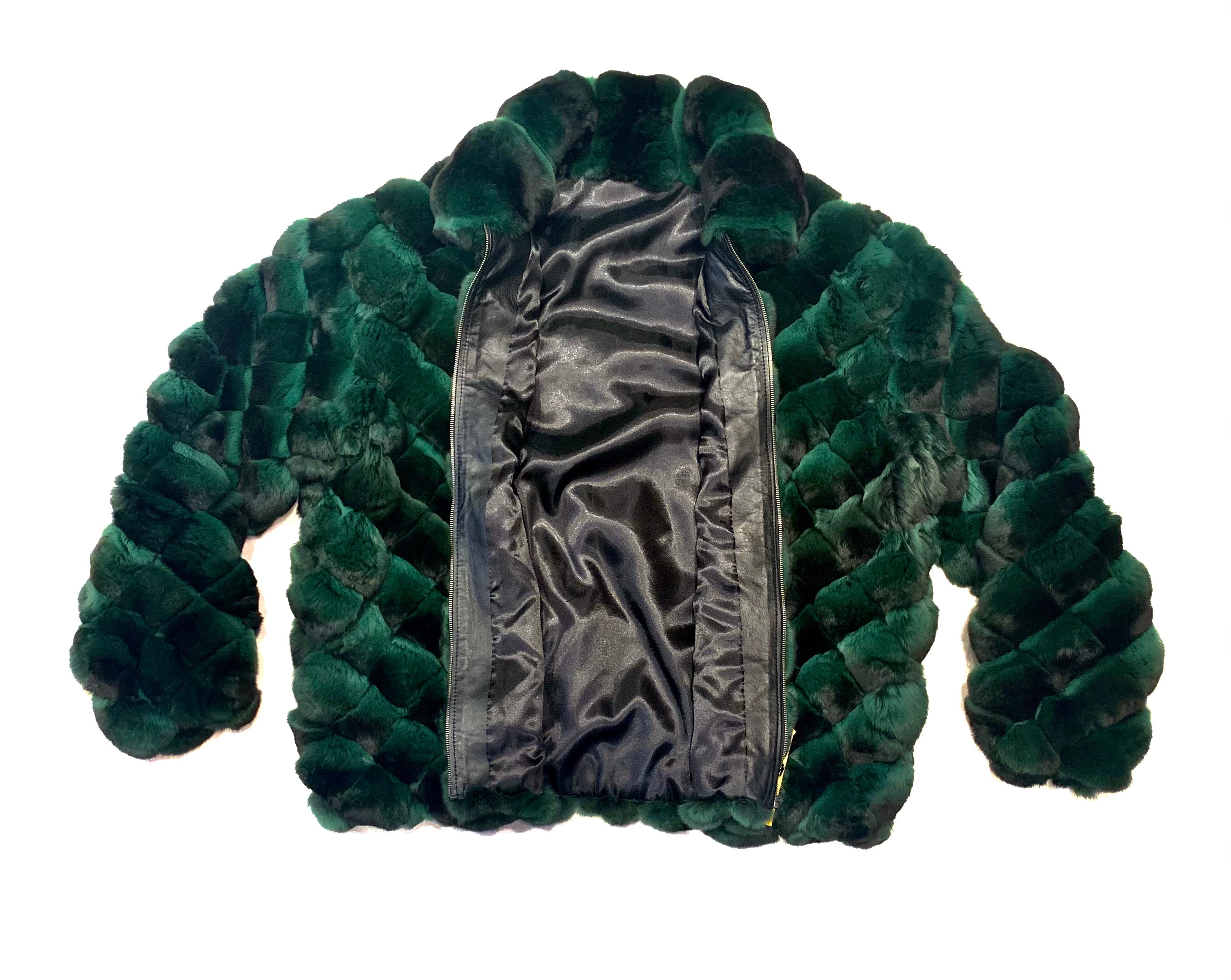 Kashani Men's Forest Green Diamond Cut Full Chinchilla Coat - Dudes Boutique