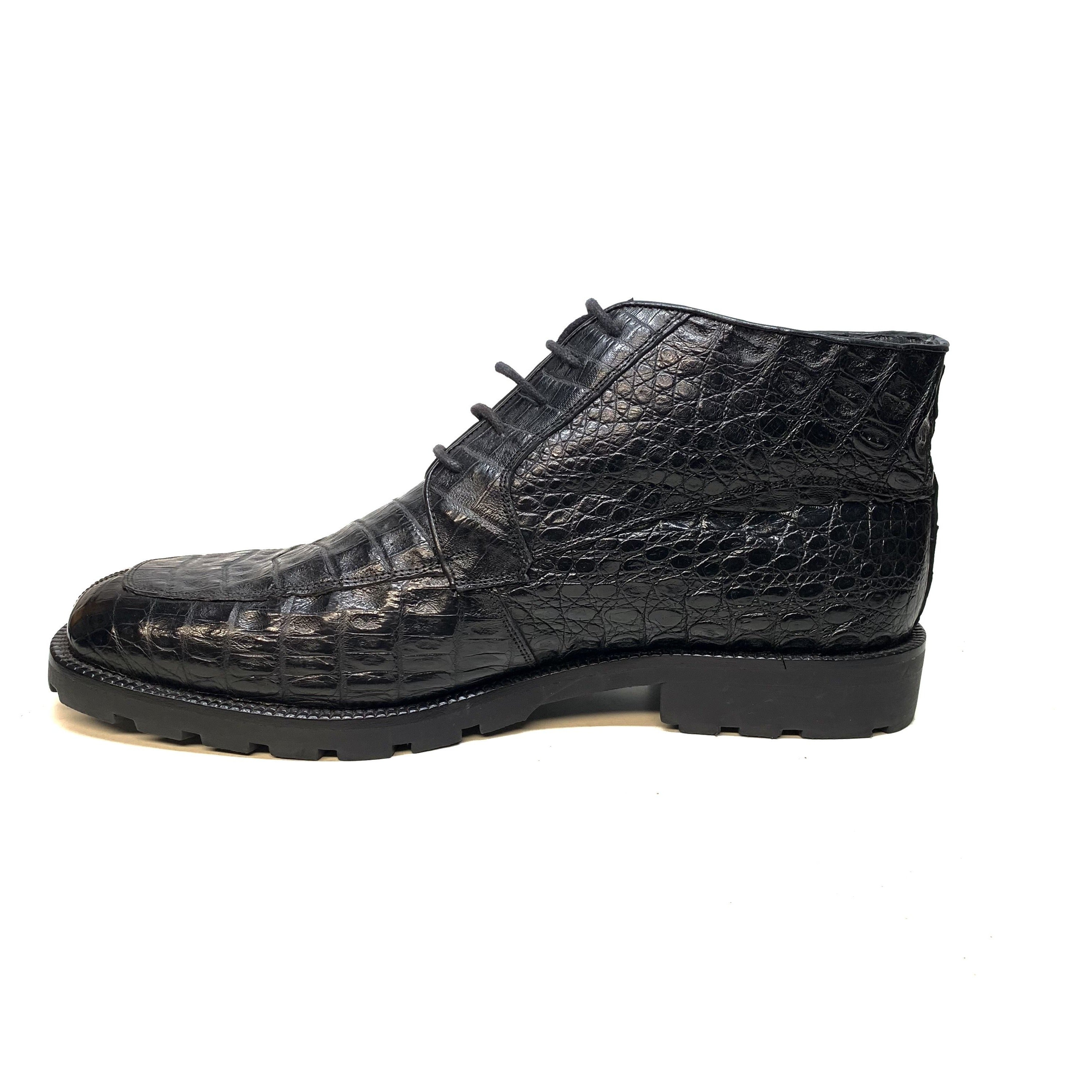 Los Altos  Black All-Over Crocodile Belly Lace Up Ankle Boots - Dudes Boutique