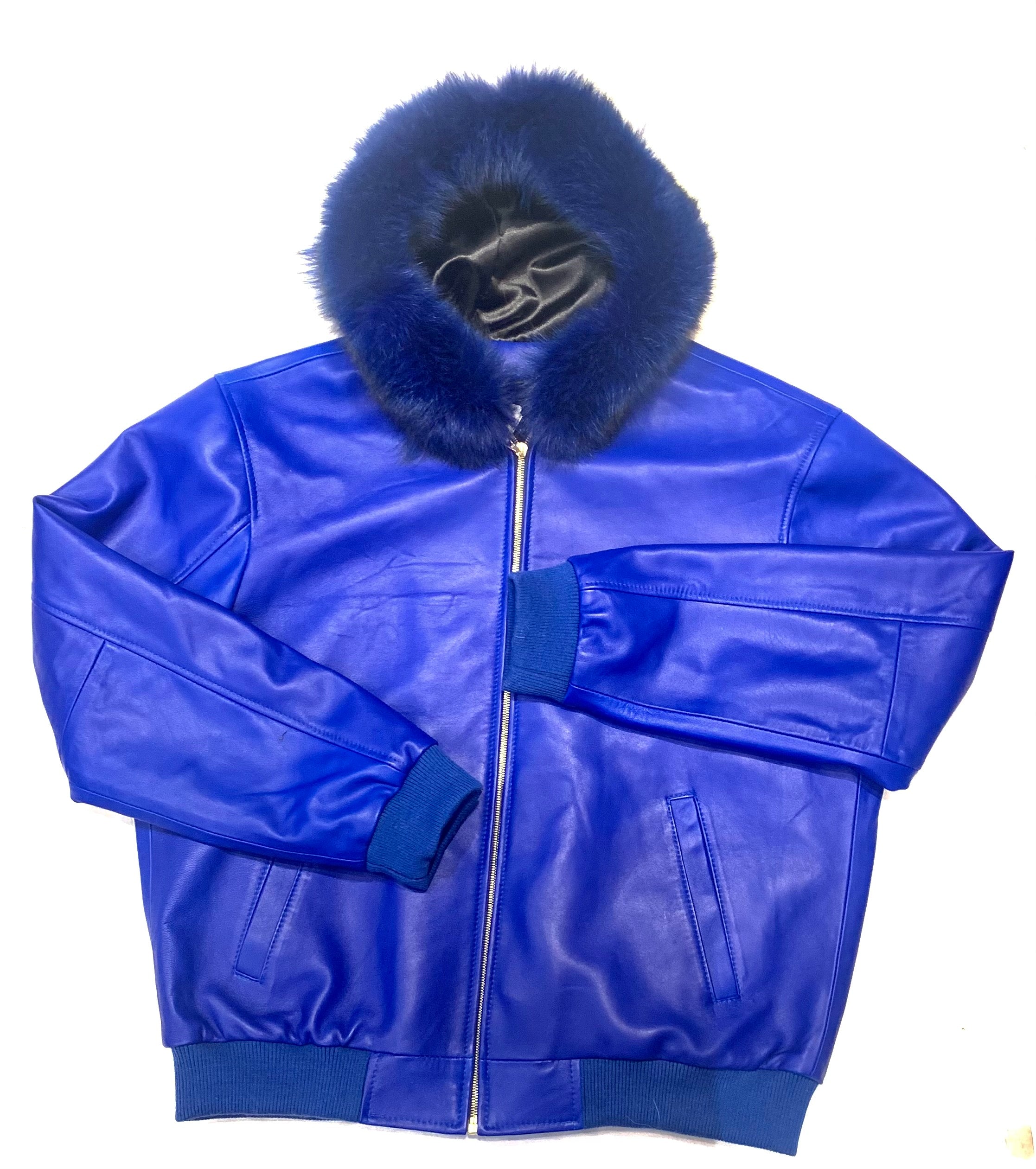 Kashani Royal Blue Lambskin Fox Hooded Bomber Jacket - Dudes Boutique