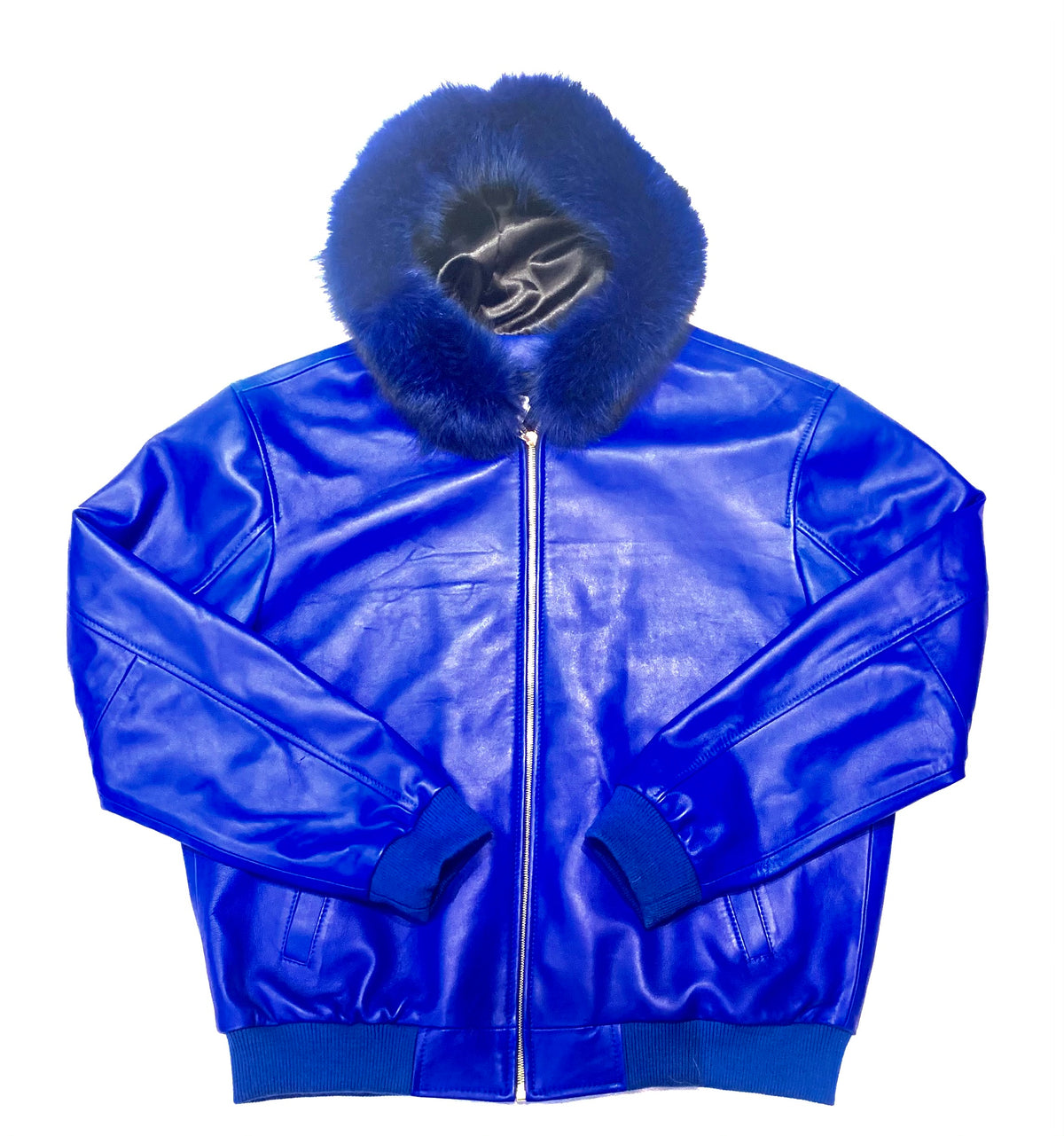 Kashani Royal Blue Lambskin Fox Hooded Bomber Jacket - Dudes Boutique