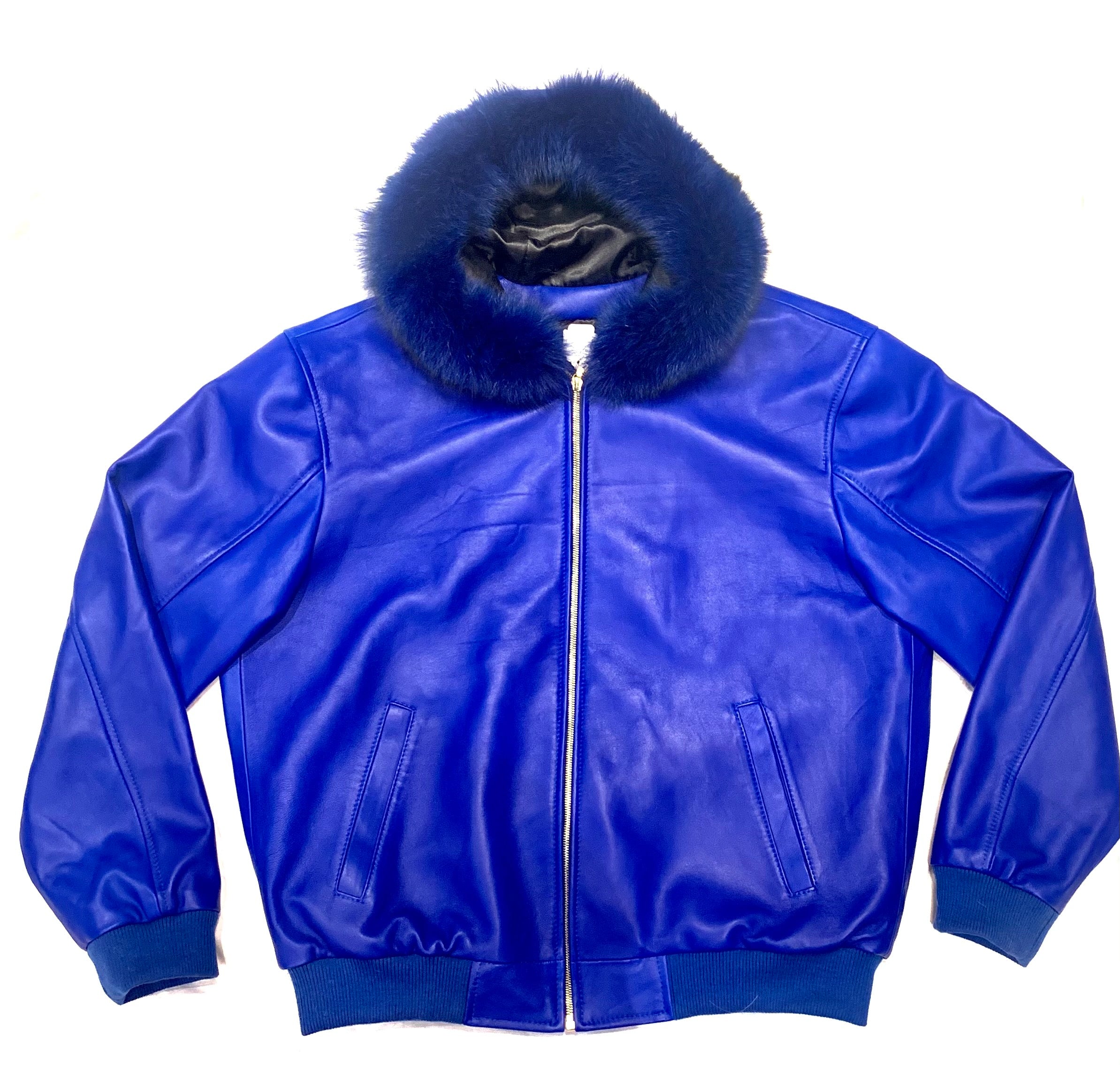 Kashani Royal Blue Lambskin Fox Hooded Bomber Jacket - Dudes Boutique