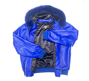 Kashani Royal Blue Lambskin Fox Hooded Bomber Jacket - Dudes Boutique