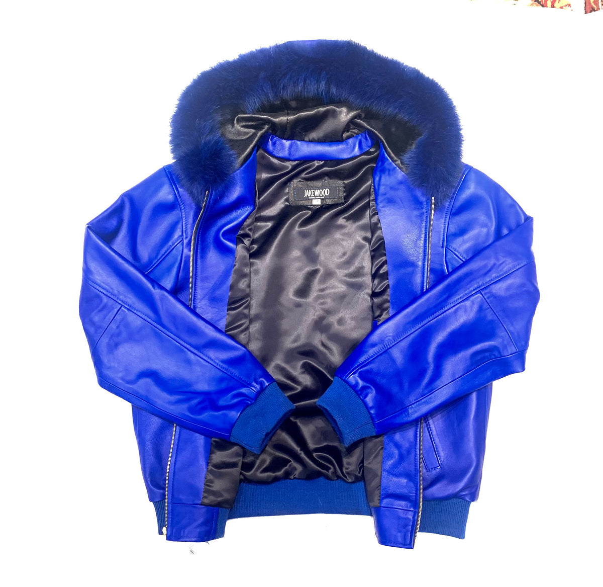 Kashani Royal Blue Lambskin Fox Hooded Bomber Jacket - Dudes Boutique
