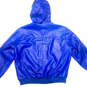 Kashani Royal Blue Lambskin Fox Hooded Bomber Jacket - Dudes Boutique