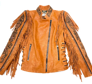 Kashani Cognac Swarovski Crystal Lambskin Studded Fringe Jacket - Dudes Boutique