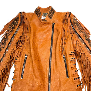 Kashani Cognac Swarovski Crystal Lambskin Studded Fringe Jacket - Dudes Boutique