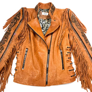 Kashani Cognac Swarovski Crystal Lambskin Studded Fringe Jacket - Dudes Boutique