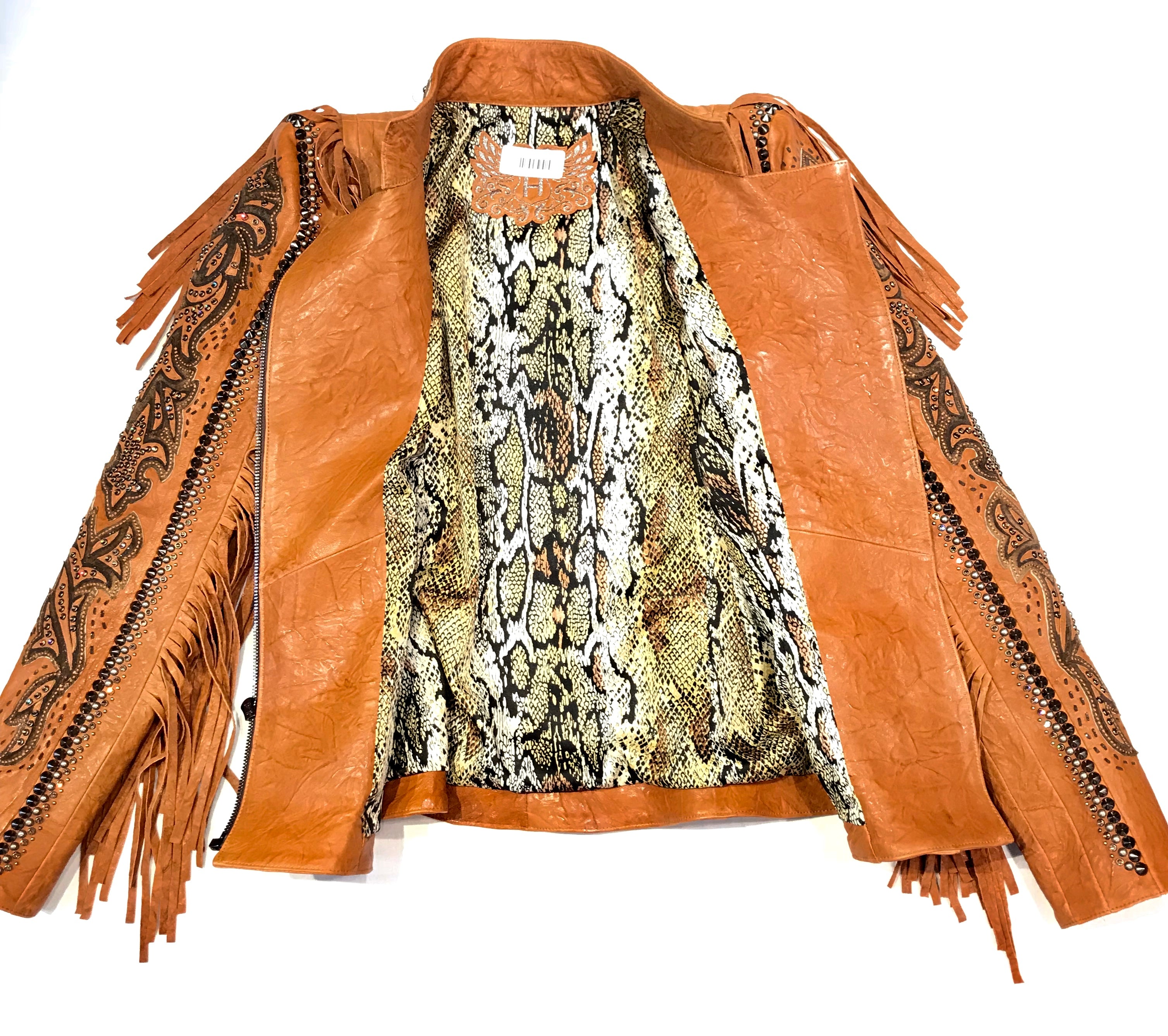 Kashani Cognac Swarovski Crystal Lambskin Studded Fringe Jacket - Dudes Boutique