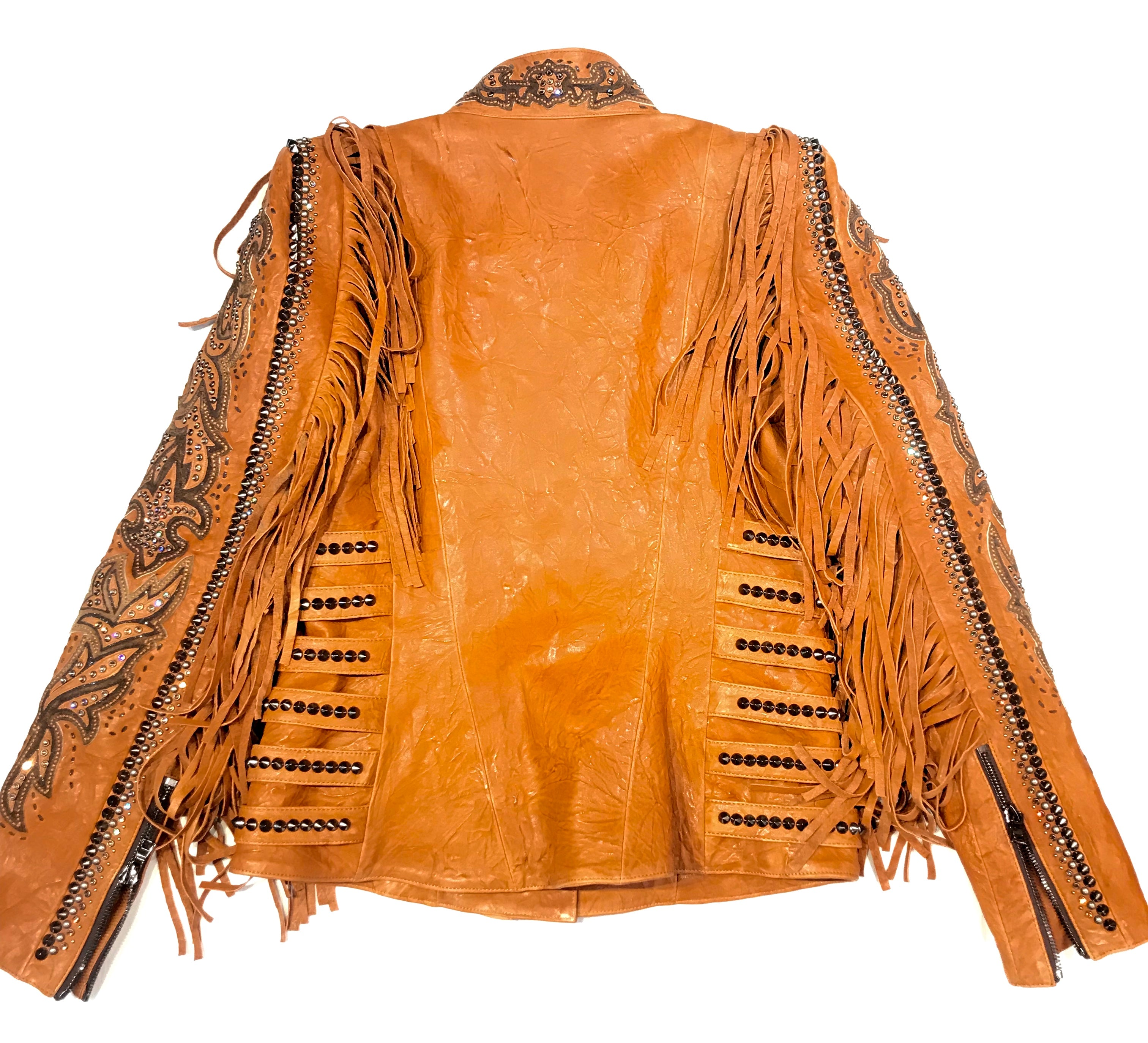 Kashani Cognac Swarovski Crystal Lambskin Studded Fringe Jacket - Dudes Boutique