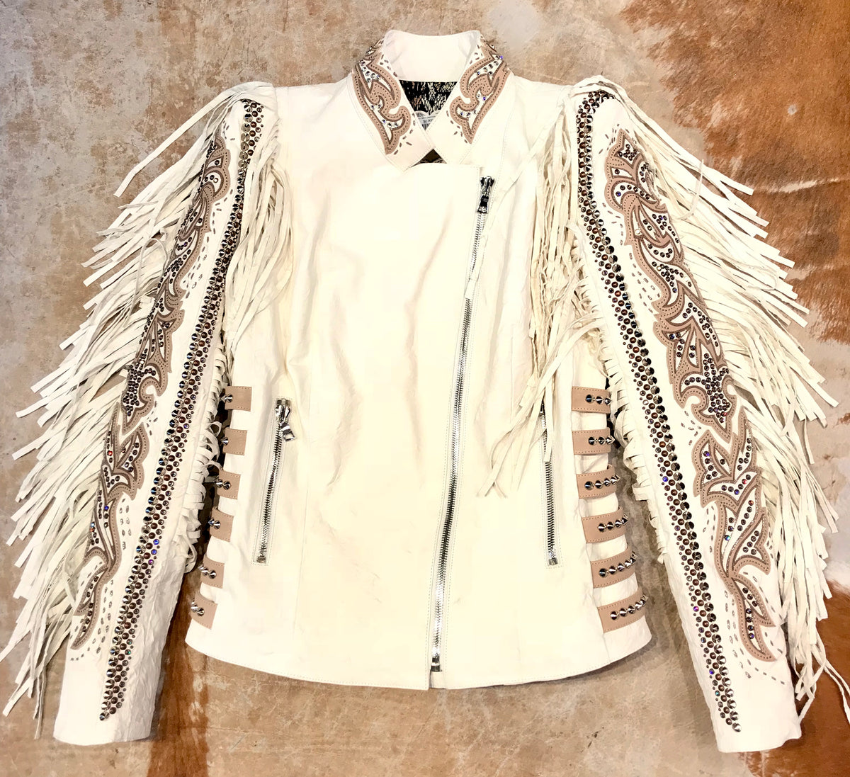 Kashani White Swarovski Crystal Lambskin Studded Fringe Jacket - Dudes Boutique