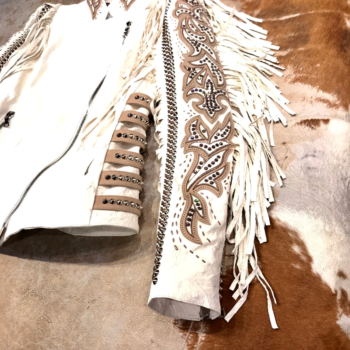 Kashani White Swarovski Crystal Lambskin Studded Fringe Jacket - Dudes Boutique