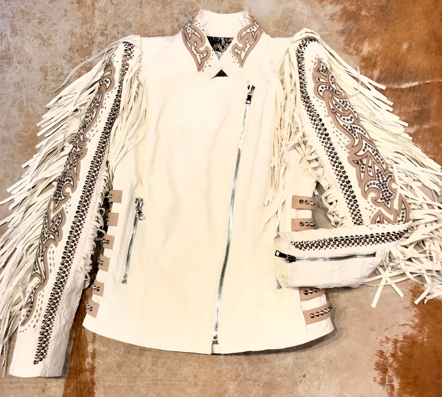 Kashani White Swarovski Crystal Lambskin Studded Fringe Jacket - Dudes Boutique