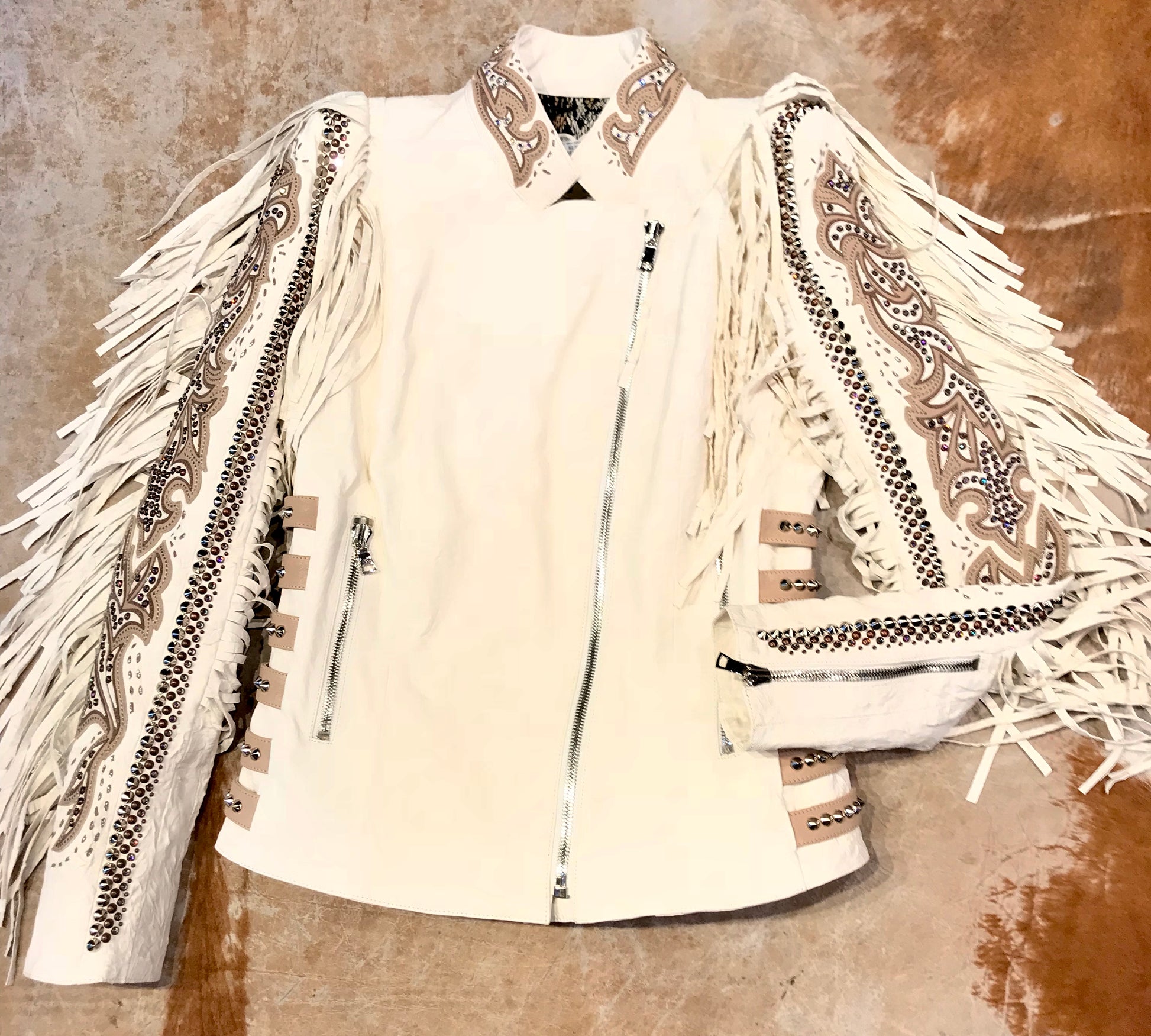 Kashani White Swarovski Crystal Lambskin Studded Fringe Jacket - Dudes Boutique