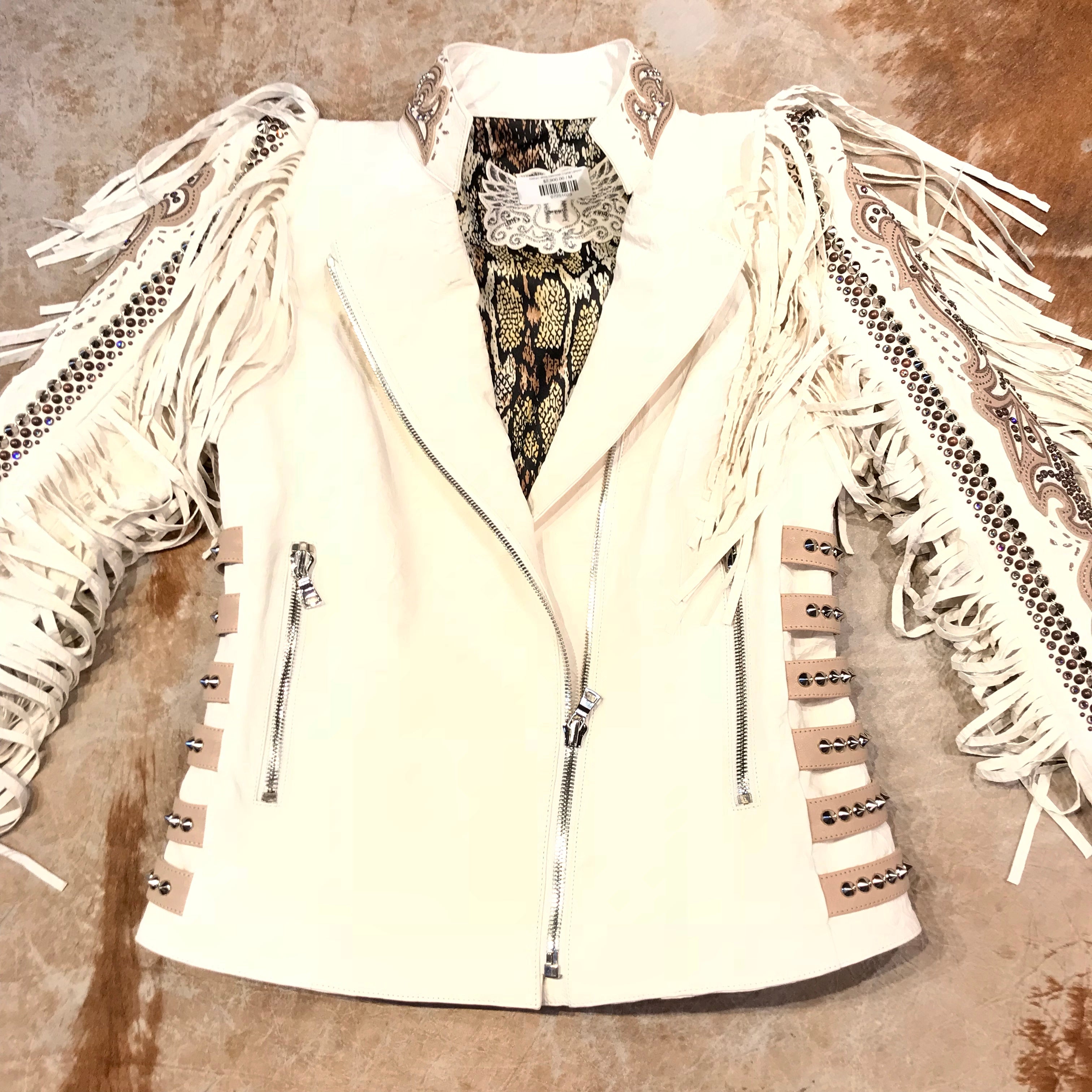 Kashani White Swarovski Crystal Lambskin Studded Fringe Jacket - Dudes Boutique