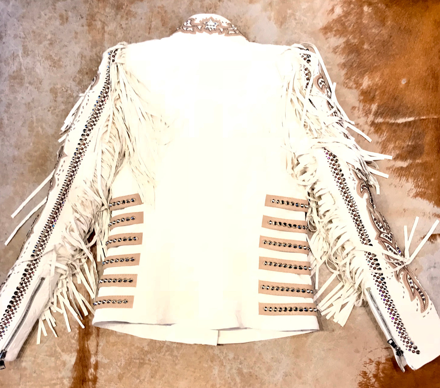Kashani White Swarovski Crystal Lambskin Studded Fringe Jacket - Dudes Boutique