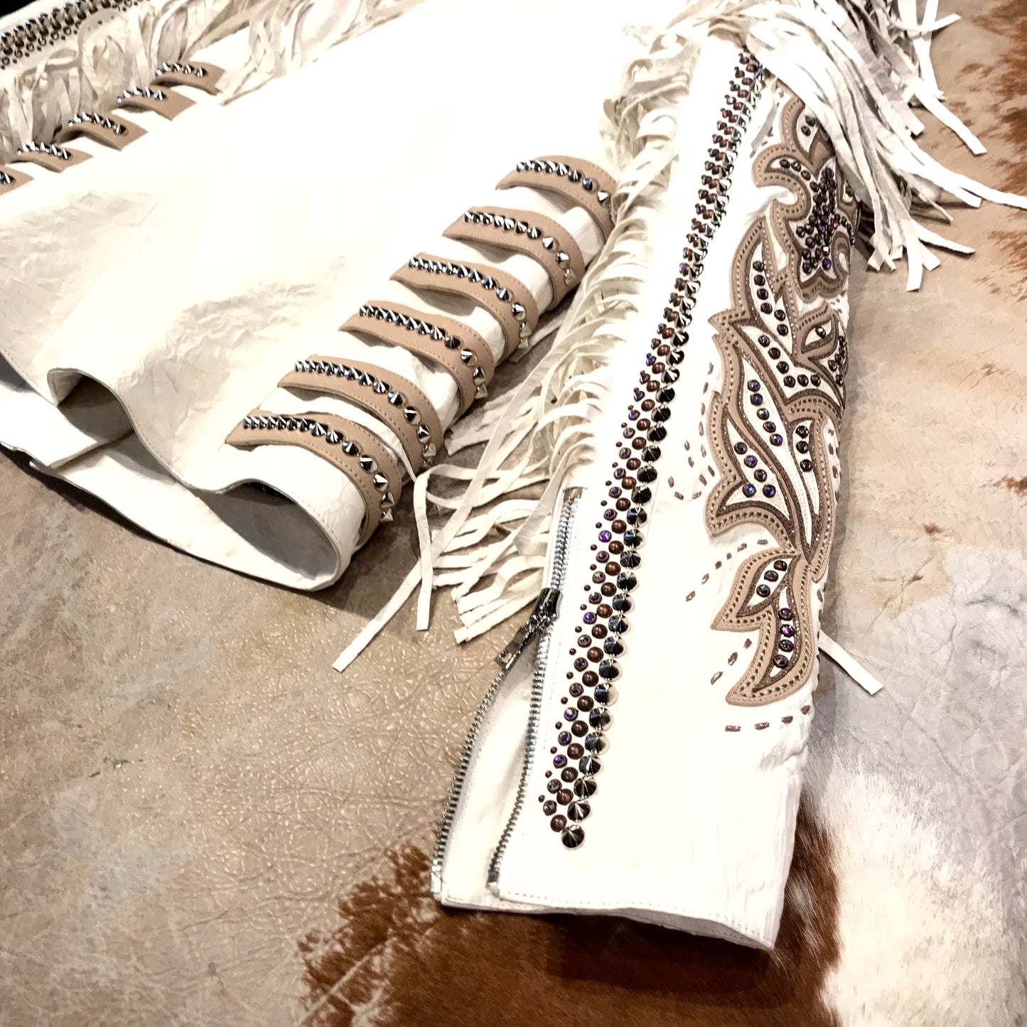 Kashani White Swarovski Crystal Lambskin Studded Fringe Jacket - Dudes Boutique