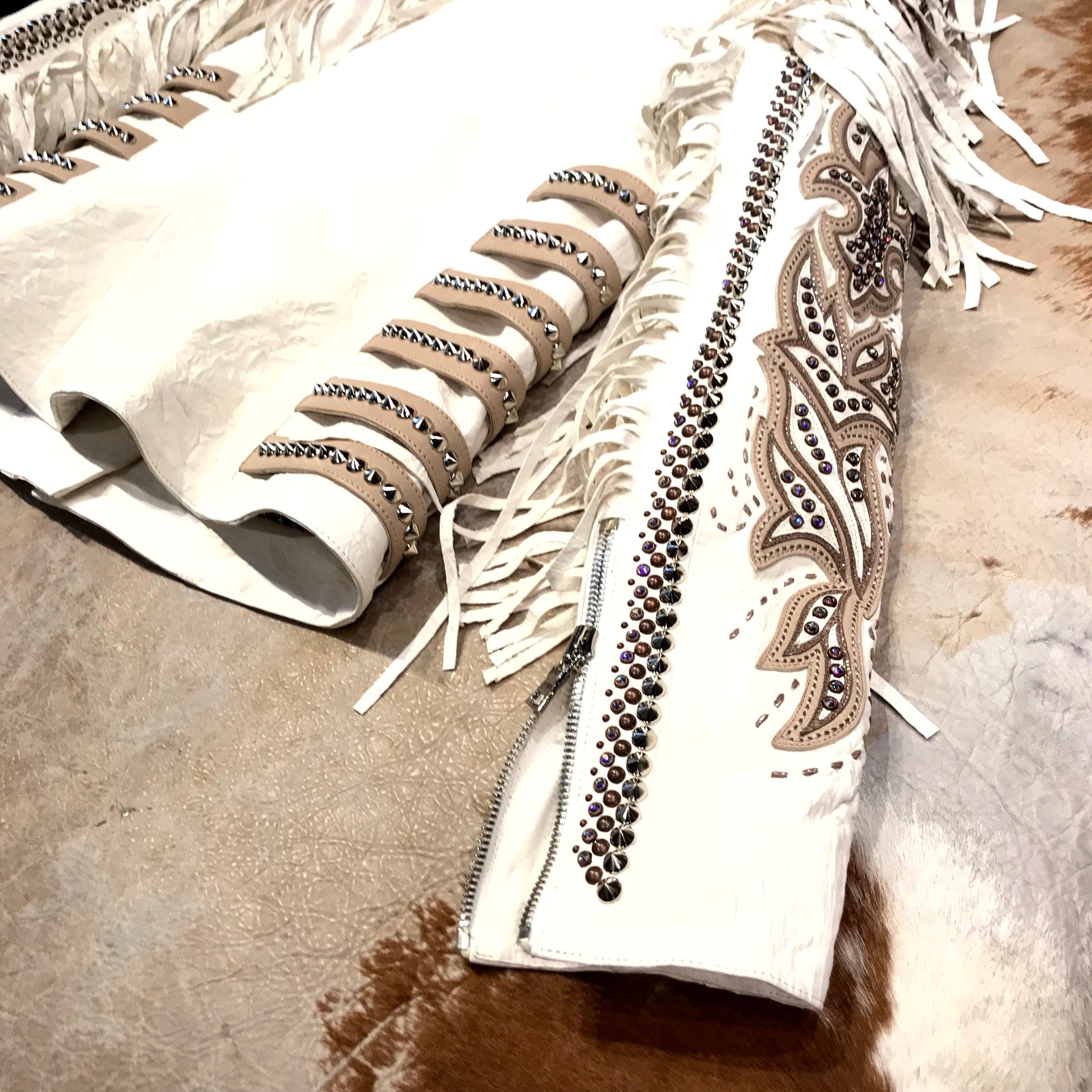 Kashani White Swarovski Crystal Lambskin Studded Fringe Jacket - Dudes Boutique