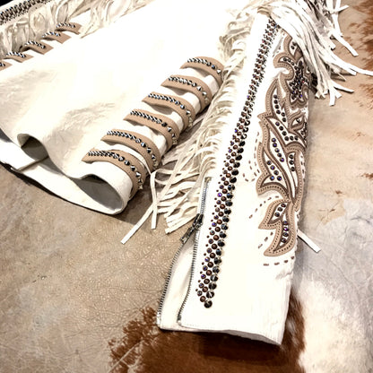 Kashani White Swarovski Crystal Lambskin Studded Fringe Jacket - Dudes Boutique