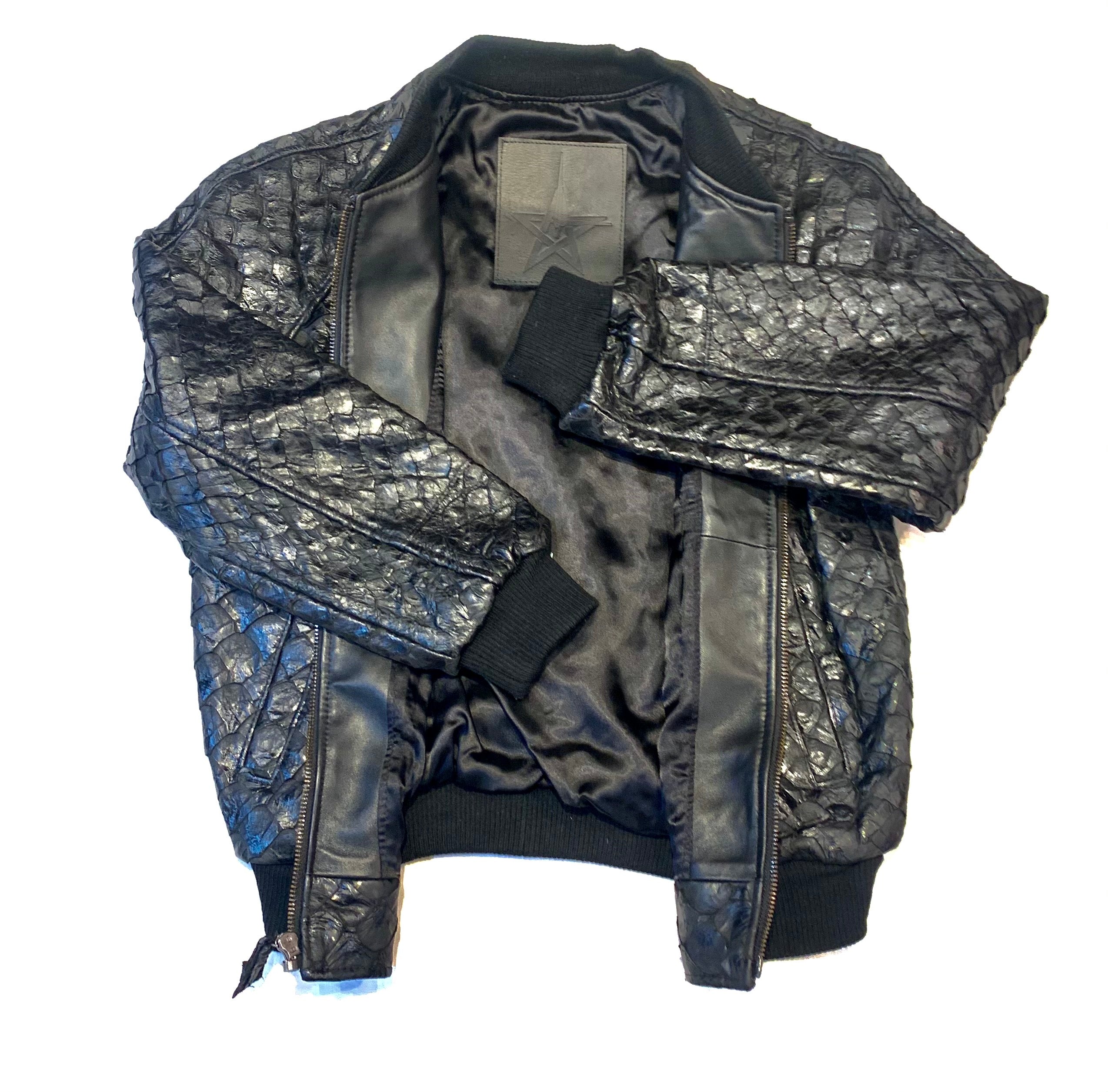 Kashani Genuine Pirarucu Fish Black Bomber Jacket - Dudes Boutique