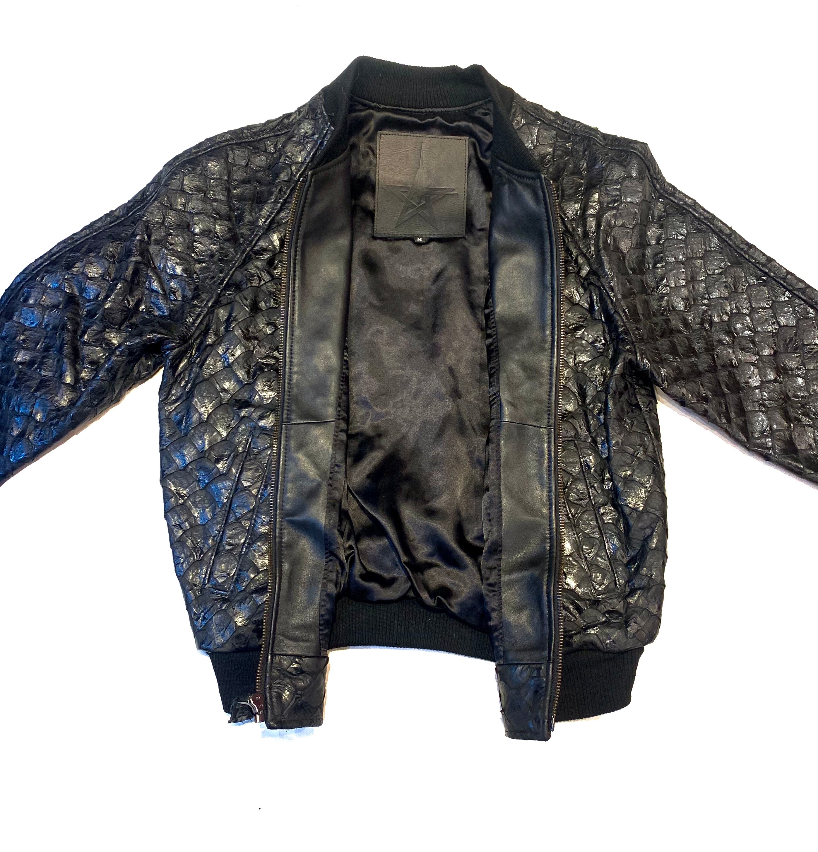 Kashani Genuine Pirarucu Fish Black Bomber Jacket - Dudes Boutique