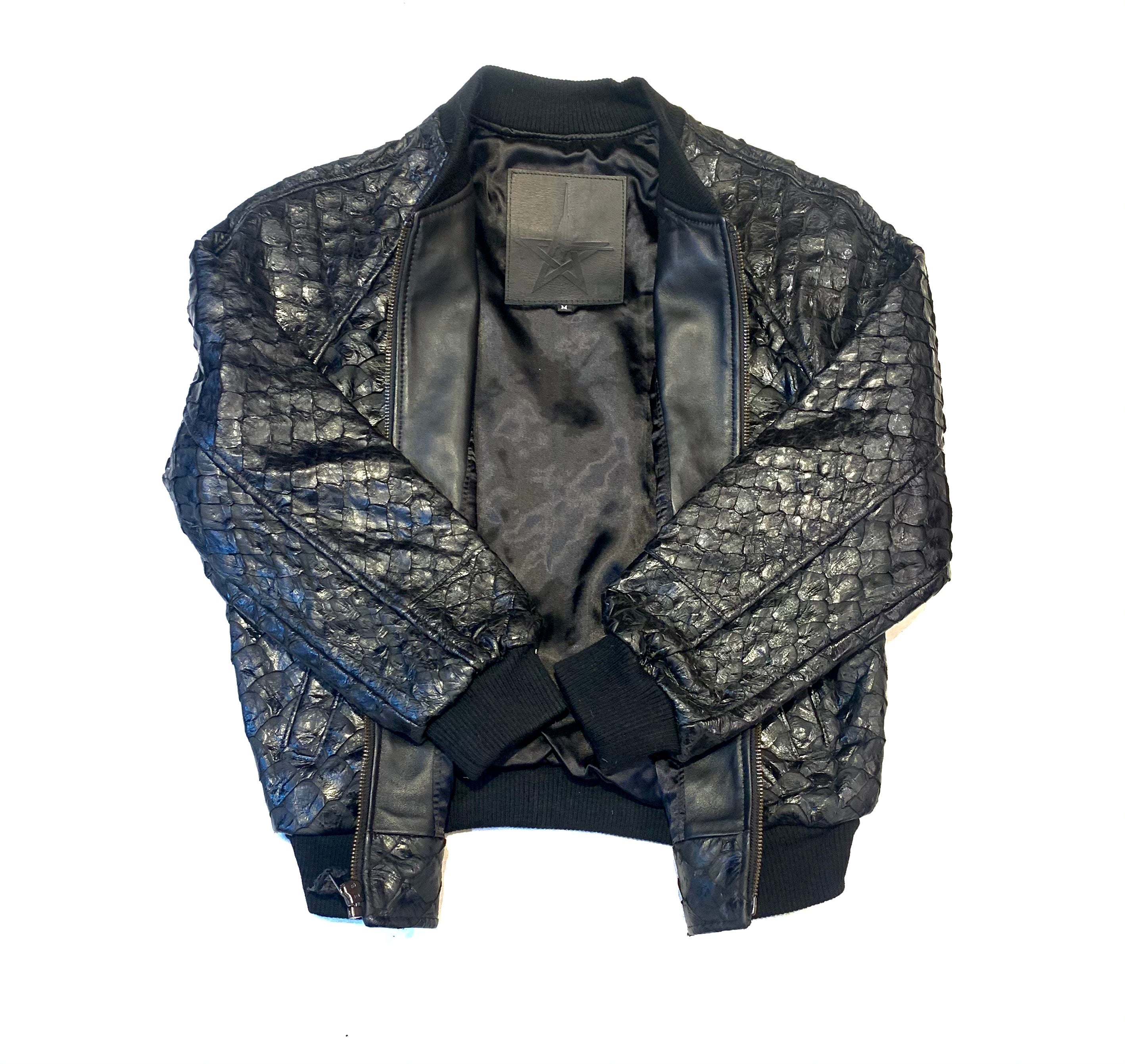 Kashani Genuine Pirarucu Fish Black Bomber Jacket - Dudes Boutique