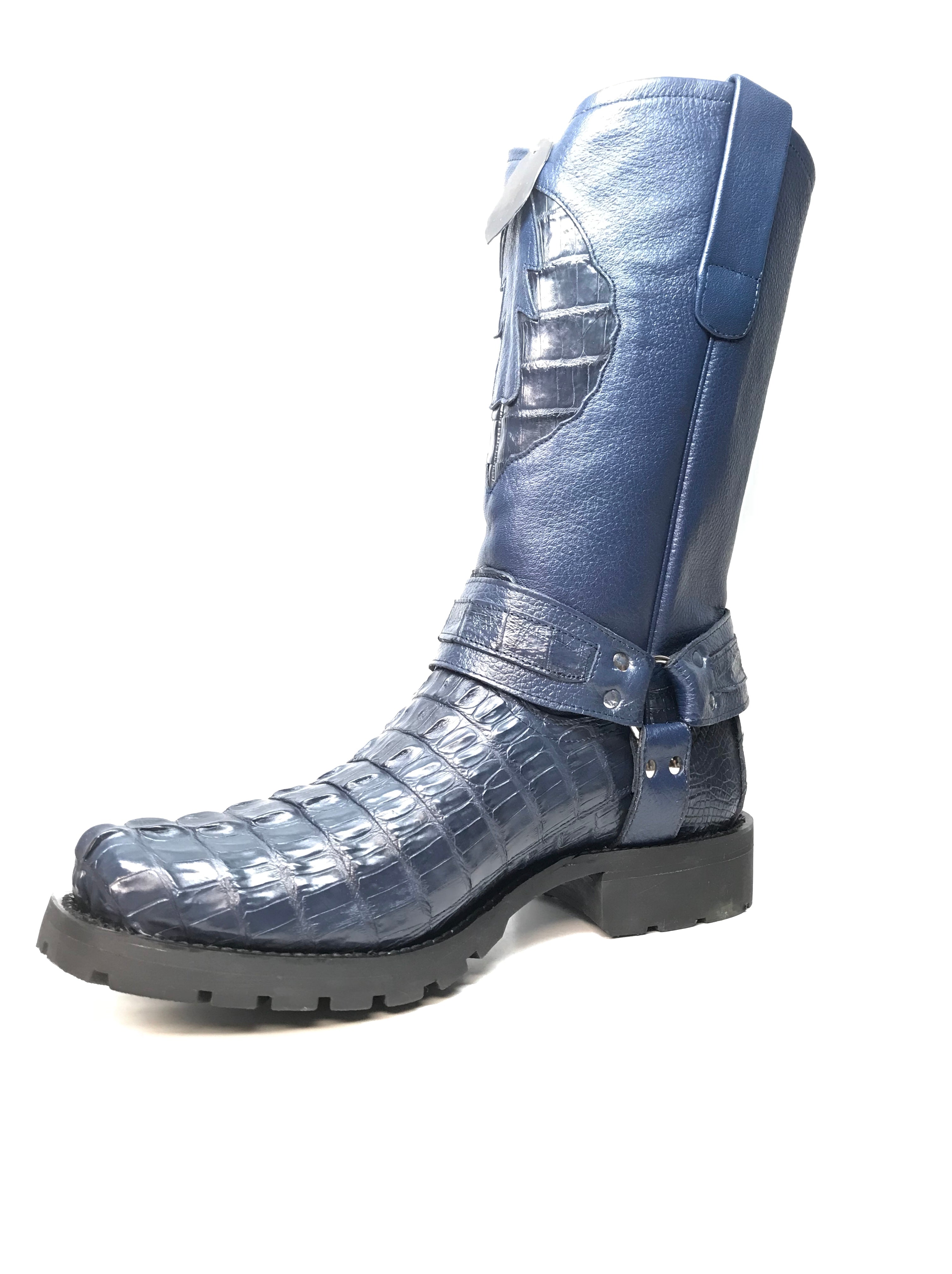 Los Altos Harness Navy Crocodile Biker Boots - Dudes Boutique