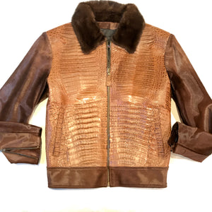 Kashani Brown Full Alligator Pony Sleeve Mink Collar Bomber Jacket - Dudes Boutique