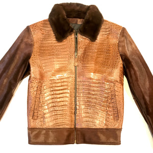 Kashani Brown Full Alligator Pony Sleeve Mink Collar Bomber Jacket - Dudes Boutique