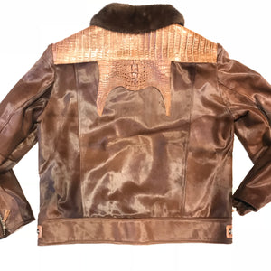 Kashani Brown Full Alligator Pony Sleeve Mink Collar Bomber Jacket - Dudes Boutique