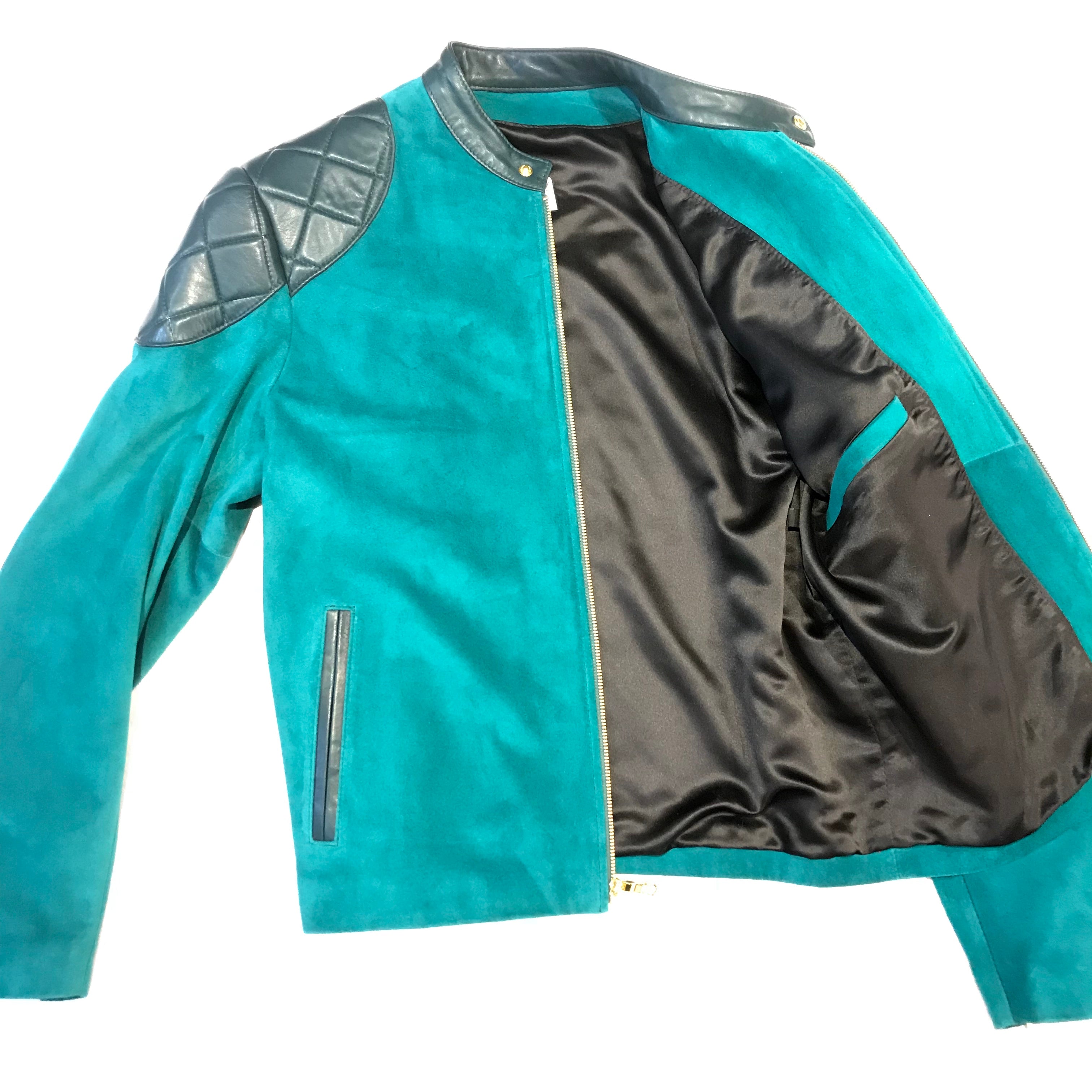 Kashani Turquoise Suede Chinese Collar Biker Jacket - Dudes Boutique