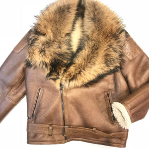 Kashani Chocolate Oversized Fox Collar Shearling Biker Jacket - Dudes Boutique