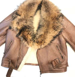 Kashani Chocolate Oversized Fox Collar Shearling Biker Jacket - Dudes Boutique