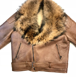 Kashani Chocolate Oversized Fox Collar Shearling Biker Jacket - Dudes Boutique