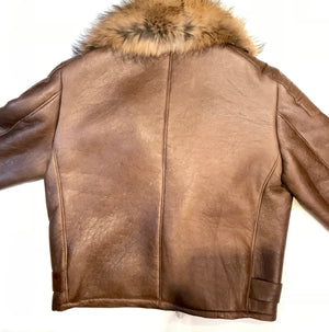 Kashani Chocolate Oversized Fox Collar Shearling Biker Jacket - Dudes Boutique