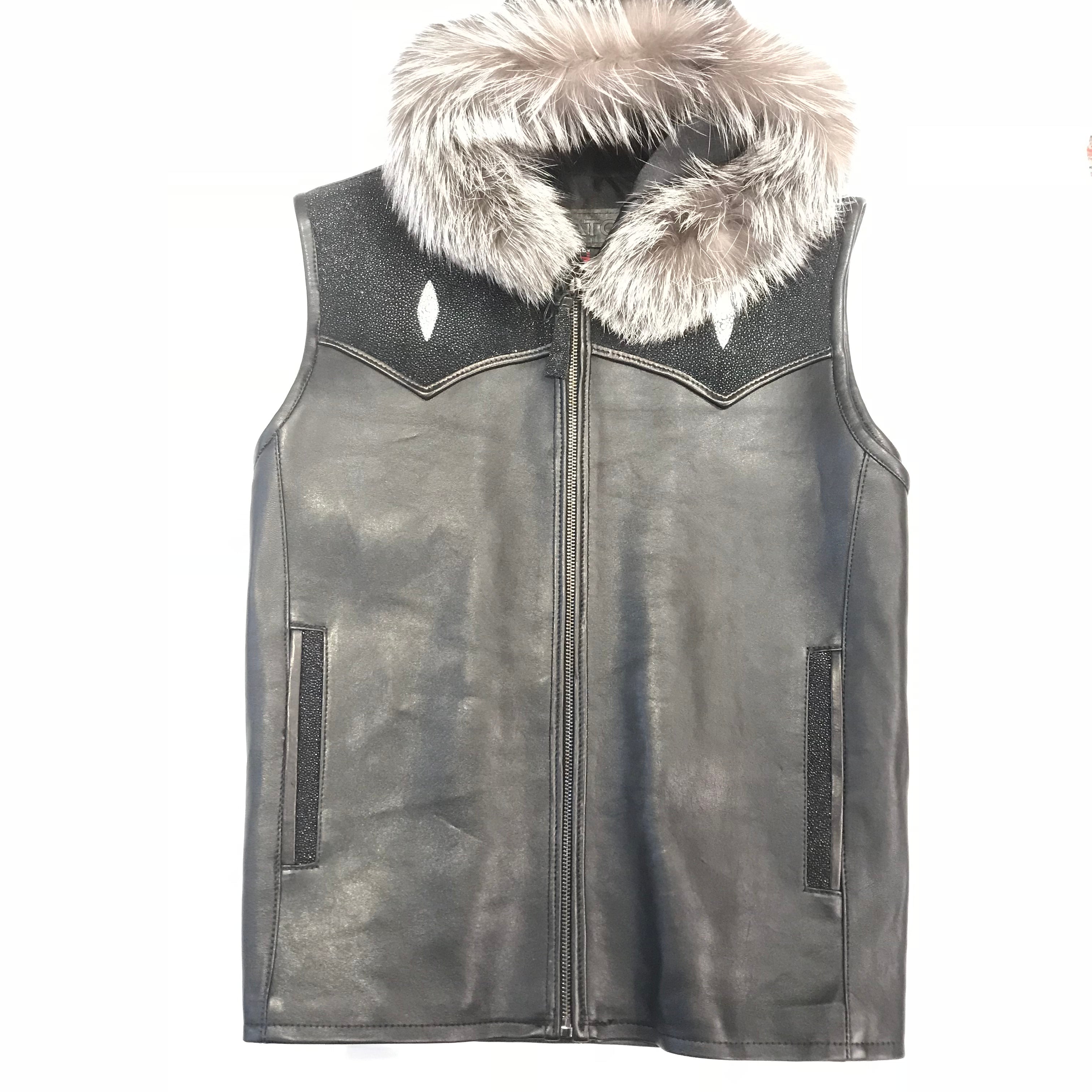 Kashani Black Stingray Silver Fox Hooded Vest - Dudes Boutique