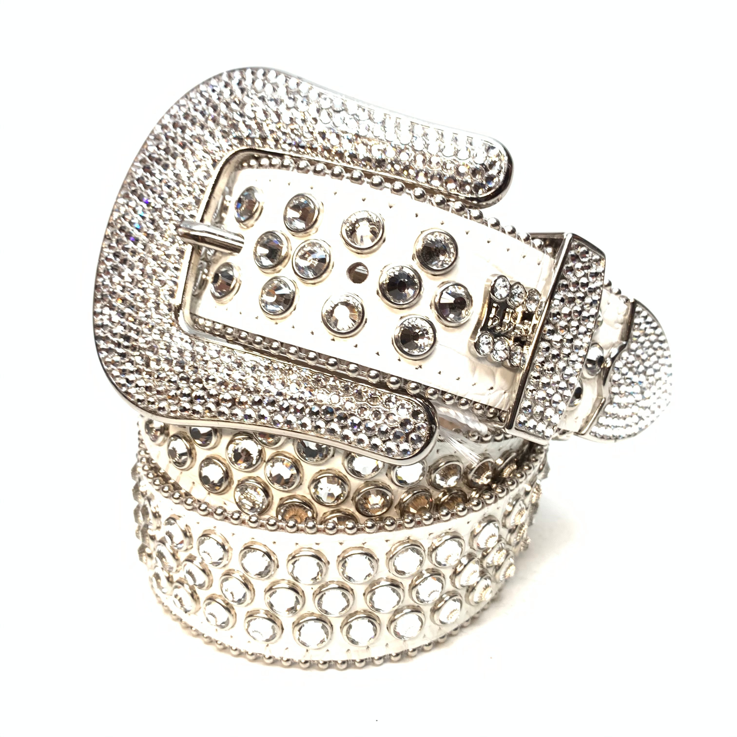 b.b. Simon White Silver 3-Row Crystal Belt - Dudes Boutique