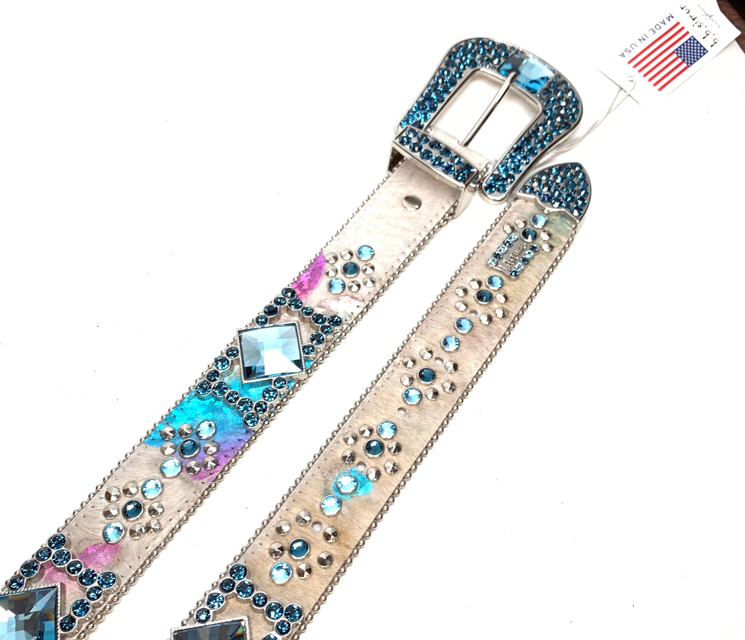 b.b. Simon Cream Big Block Pony Crystal Belt - Dudes Boutique