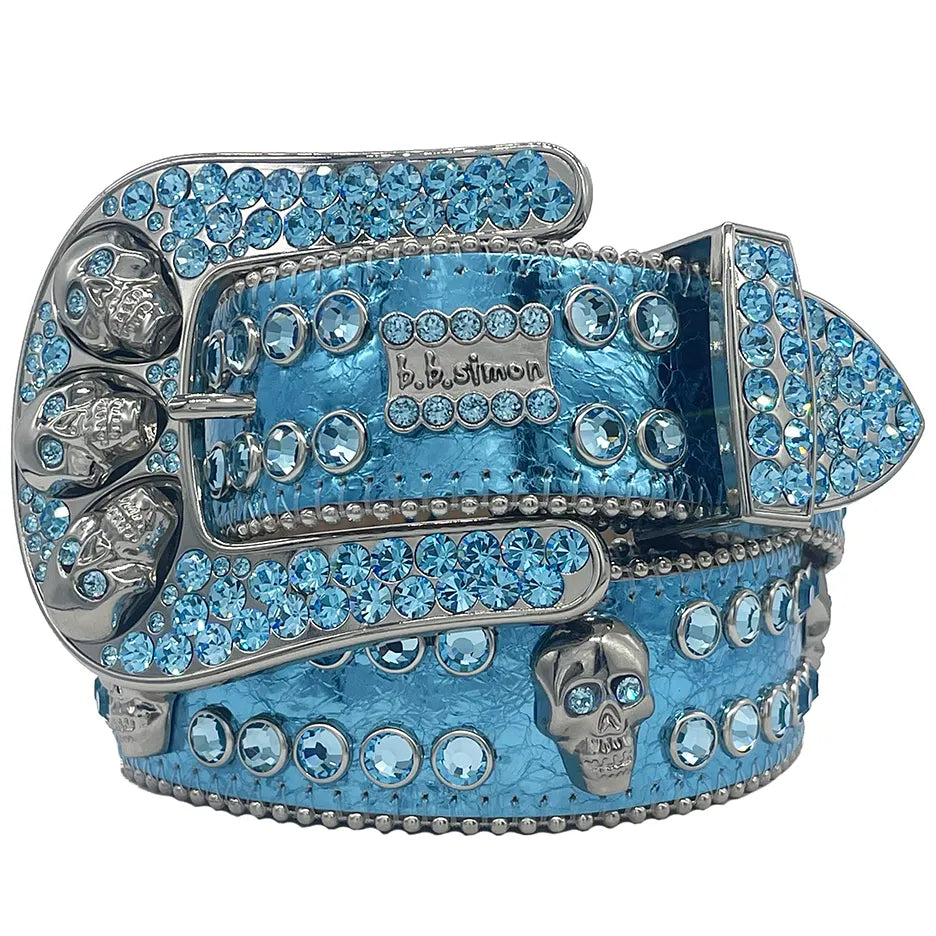 b.b. Simon Aqua Blue Skull Double Row Crystal Belt - Dudes Boutique