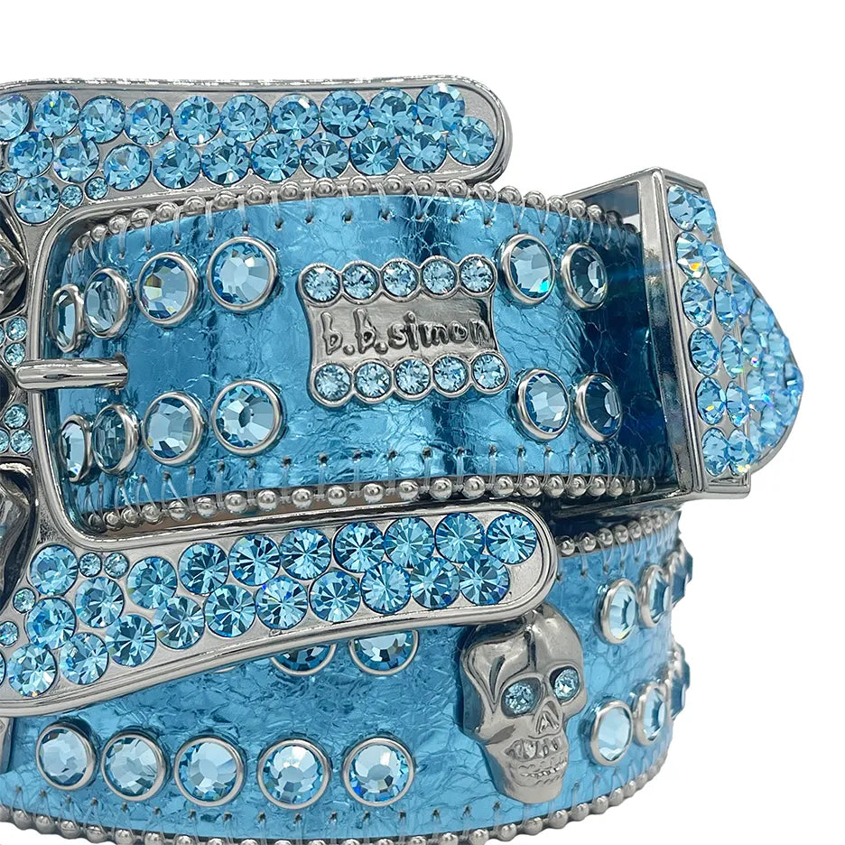 b.b. Simon Aqua Blue Skull Double Row Crystal Belt - Dudes Boutique