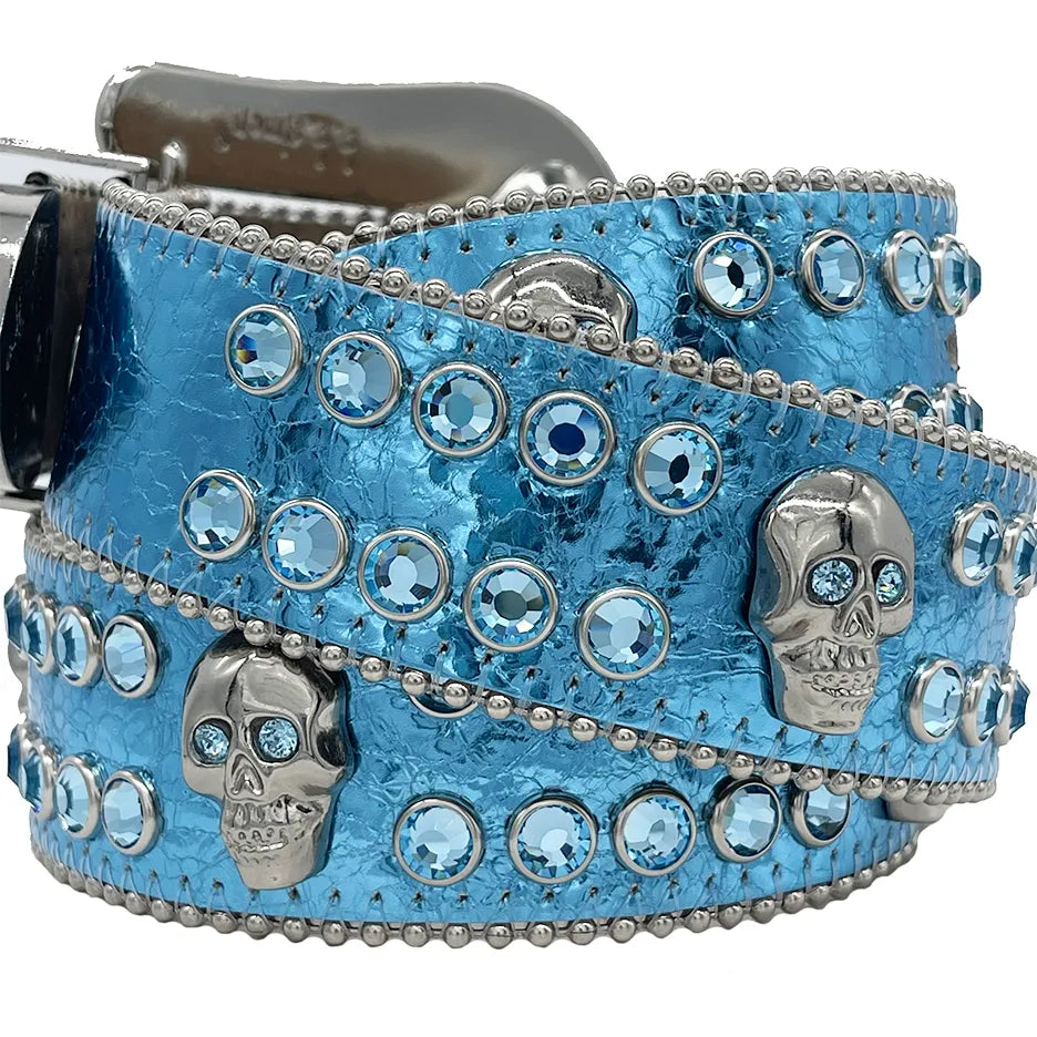 b.b. Simon Aqua Blue Skull Double Row Crystal Belt - Dudes Boutique