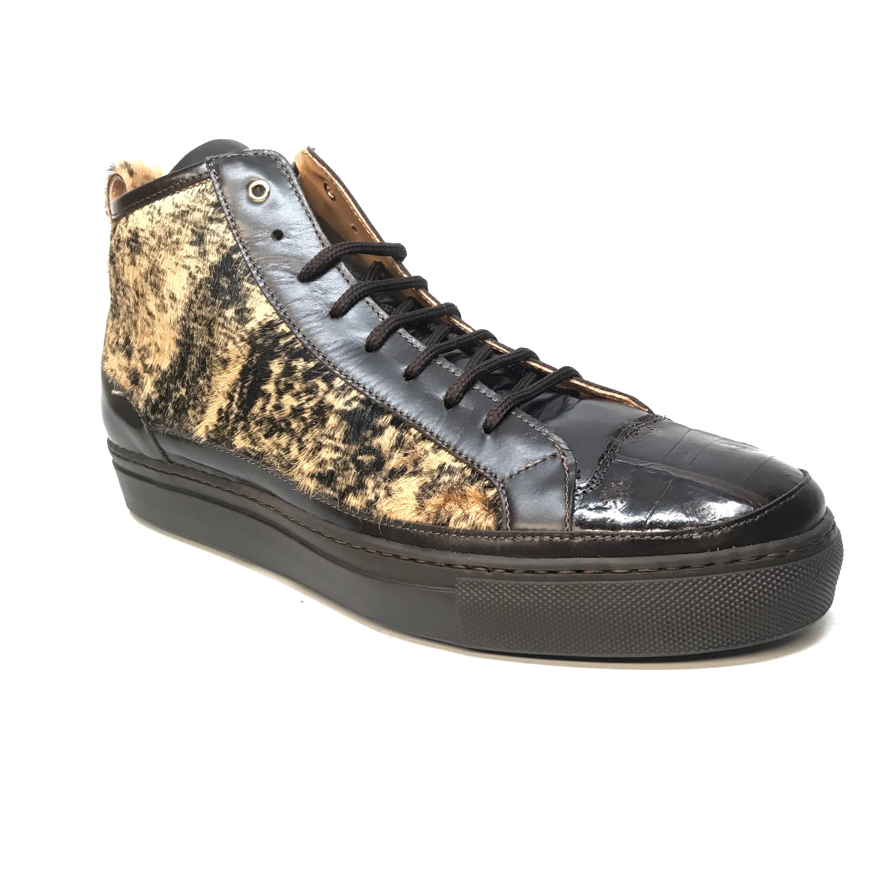 Mauri 8554 Dark Brown Pony Hair Crocodile High-Top Sneakers - Dudes Boutique