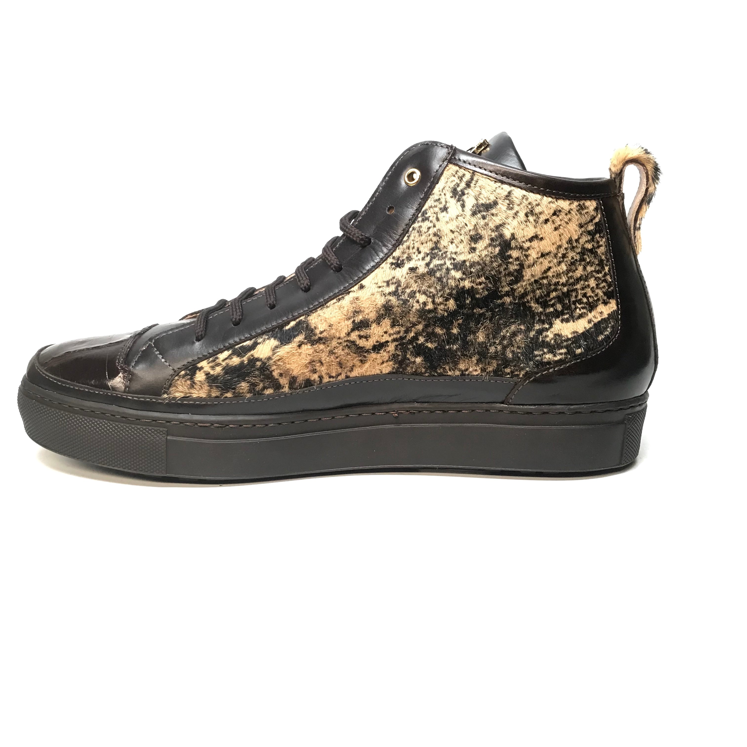 Mauri 8554 Dark Brown Pony Hair Crocodile High-Top Sneakers - Dudes Boutique