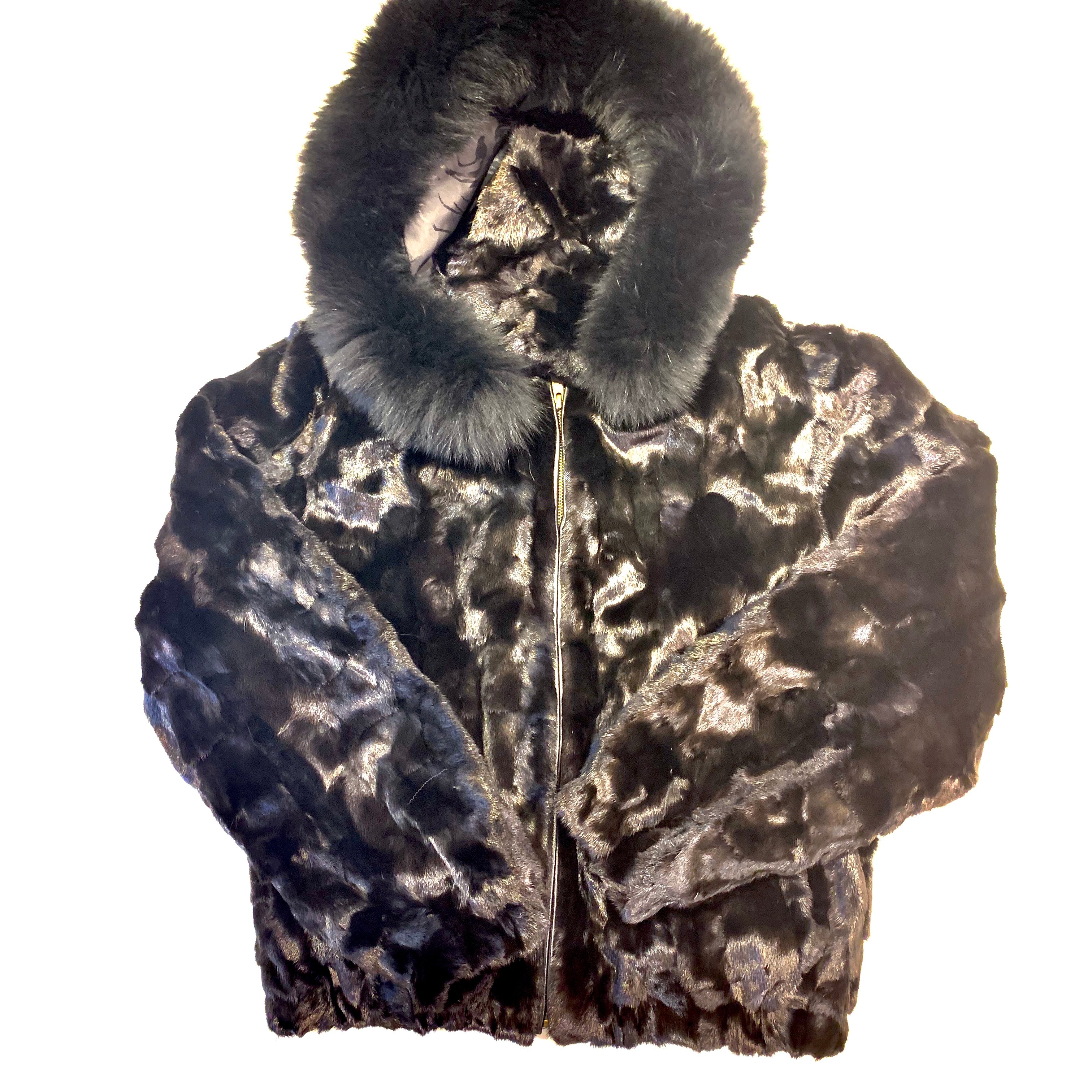 Kashani Women's Black  Mink Hooded Bomber Jacket - Dudes Boutique