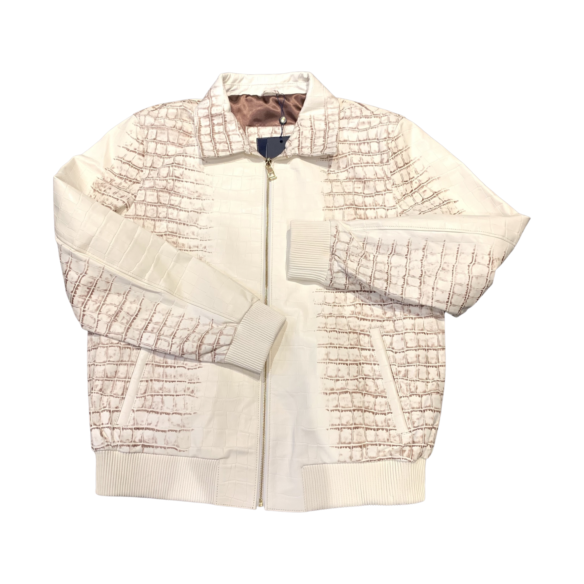 Kashani Men's Caffe/White Embossed Alligator Leather Bomber Jacket - Dudes Boutique