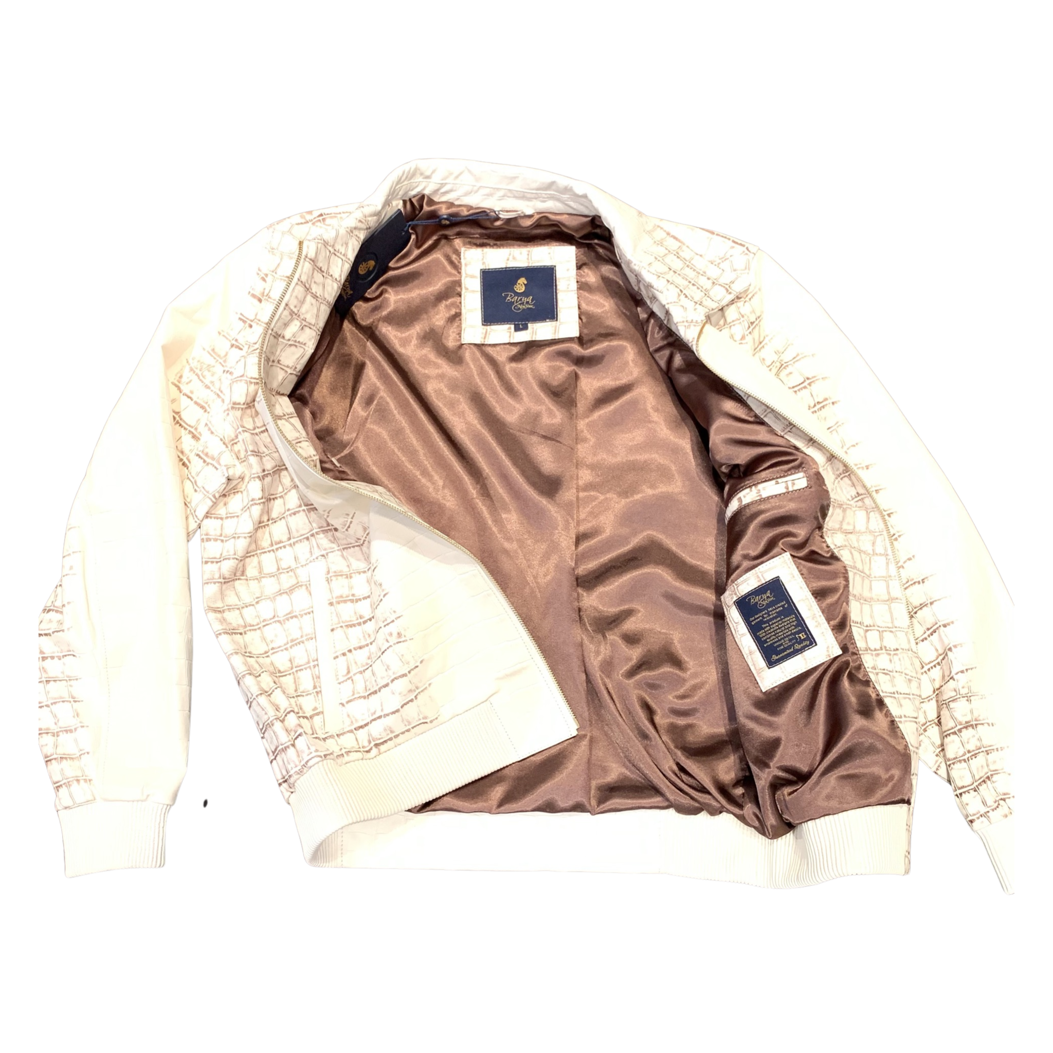 Kashani Men's Caffe/White Embossed Alligator Leather Bomber Jacket - Dudes Boutique