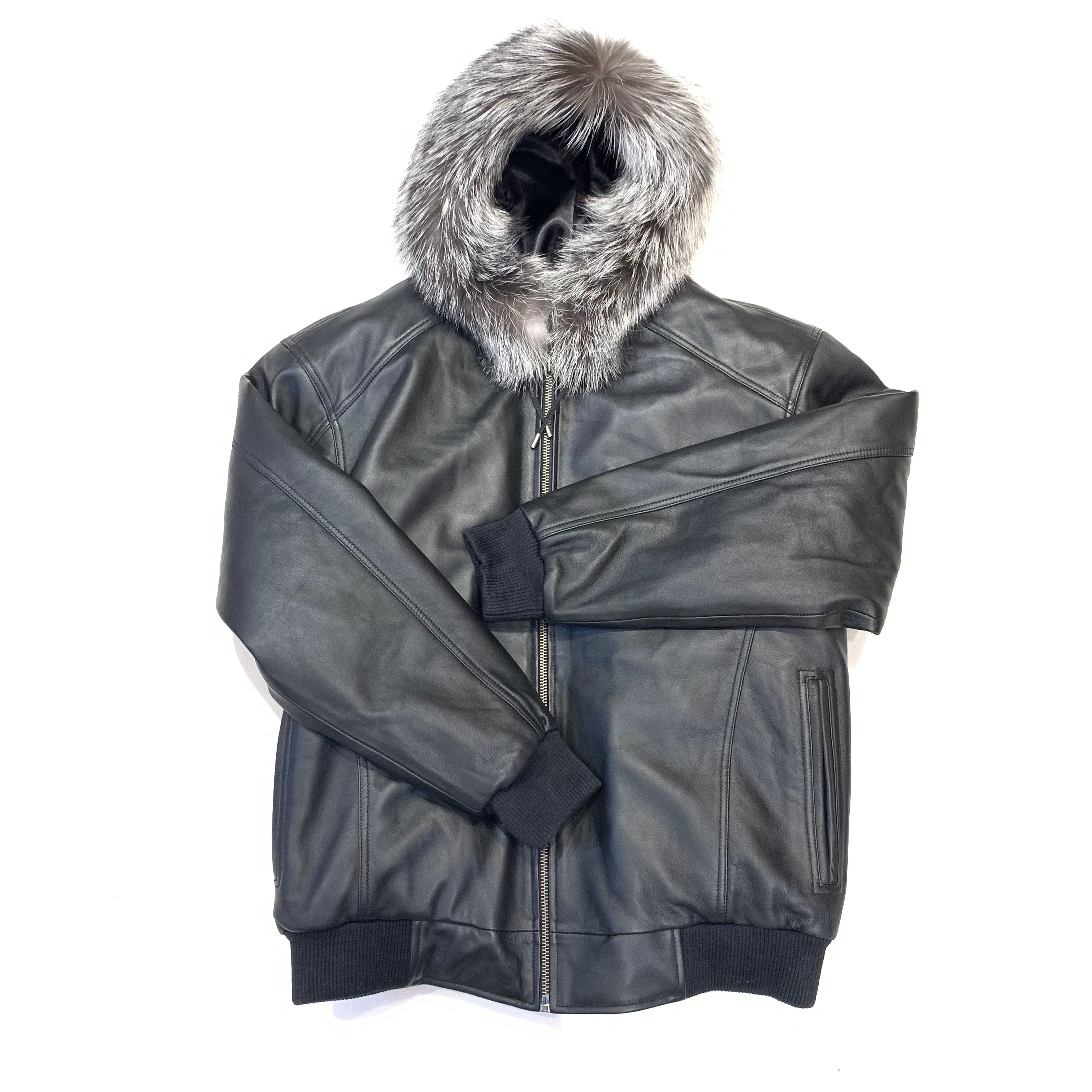 Kashani Black Lambskin Hooded Bomber Jacket - Dudes Boutique